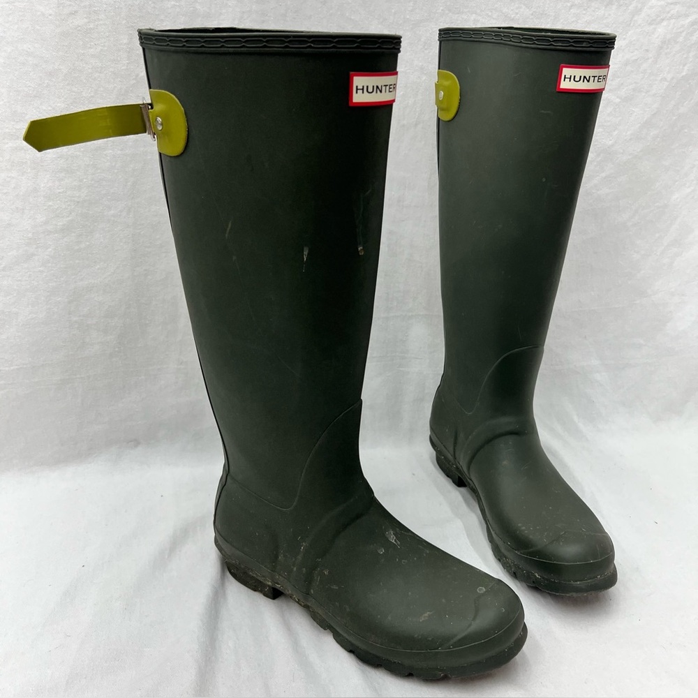 17” Hunter Classic Dark Green w/ Olive Buckle Rain Boots Womens US 9